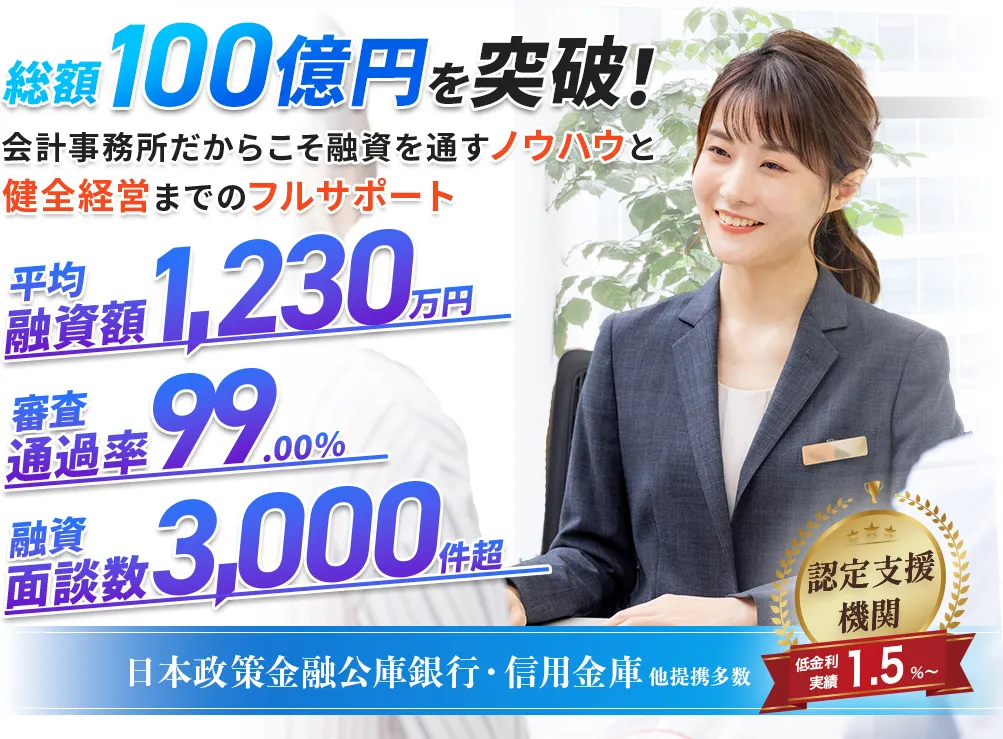 平均融資額1,230万円/審査通過率99%/融資面談数3,000件超え 融資を通すノウハウと健全経営までのフルサポート